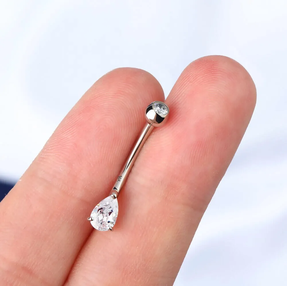 14K White Gold Belly Ring 14G Teardrop CZ Naval Ring