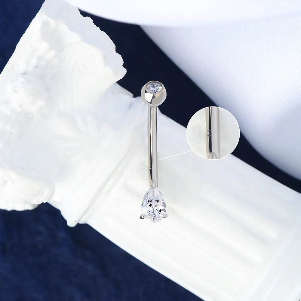 14K White Gold Belly Ring 14G Teardrop CZ Naval Ring