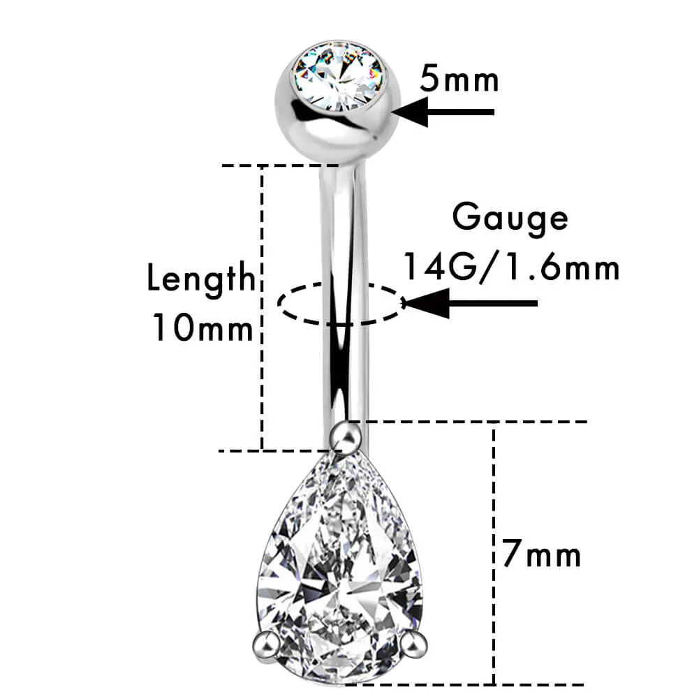 14K White Gold Belly Ring 14G Teardrop CZ Naval Ring