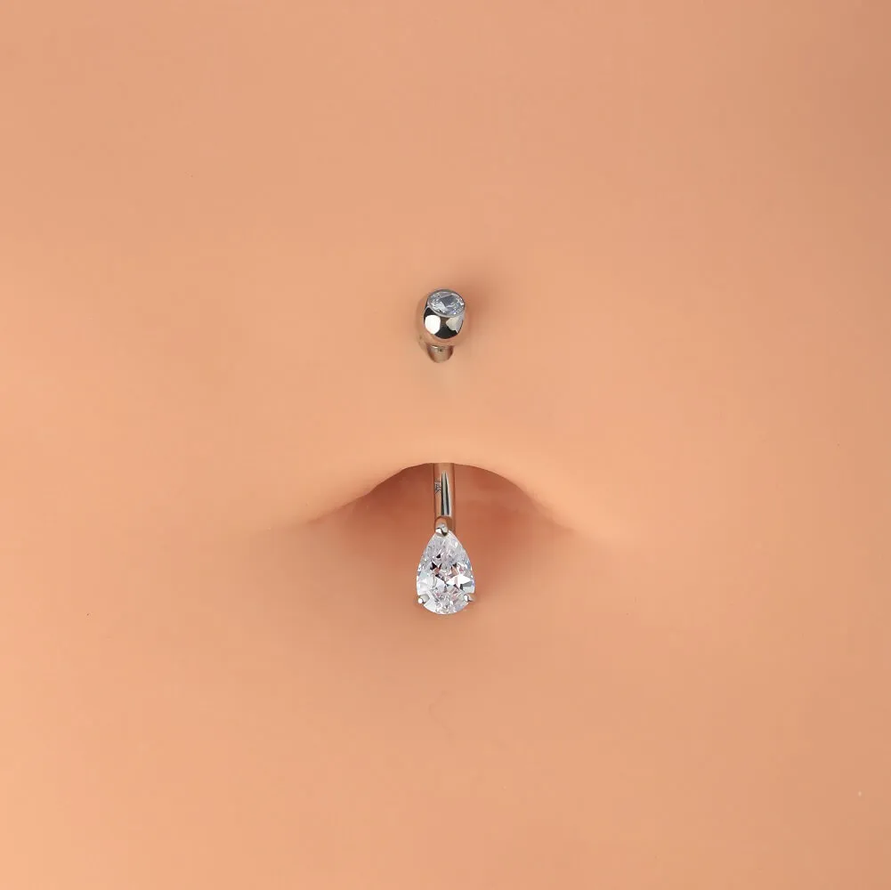 14K White Gold Belly Ring 14G Teardrop CZ Naval Ring