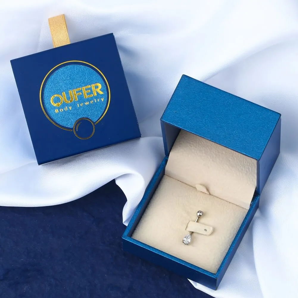 14K White Gold Belly Ring 14G Teardrop CZ Naval Ring