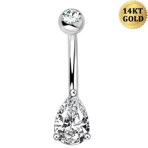 14K White Gold Belly Ring 14G Teardrop CZ Naval Ring