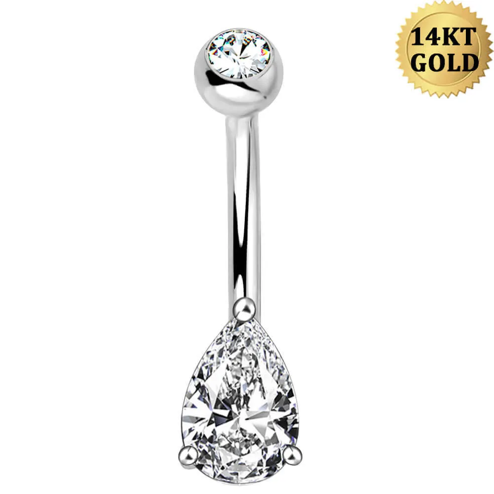 14K White Gold Belly Ring 14G Teardrop CZ Naval Ring