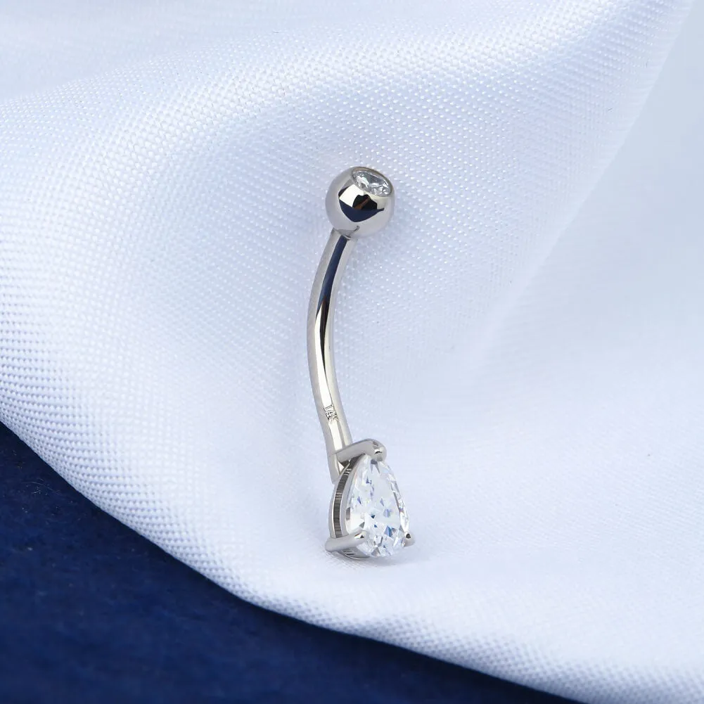 14K White Gold Belly Ring 14G Teardrop CZ Naval Ring