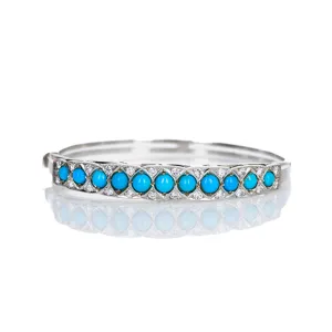 14K White Gold Cabochon Turquoise Diamond Bangle