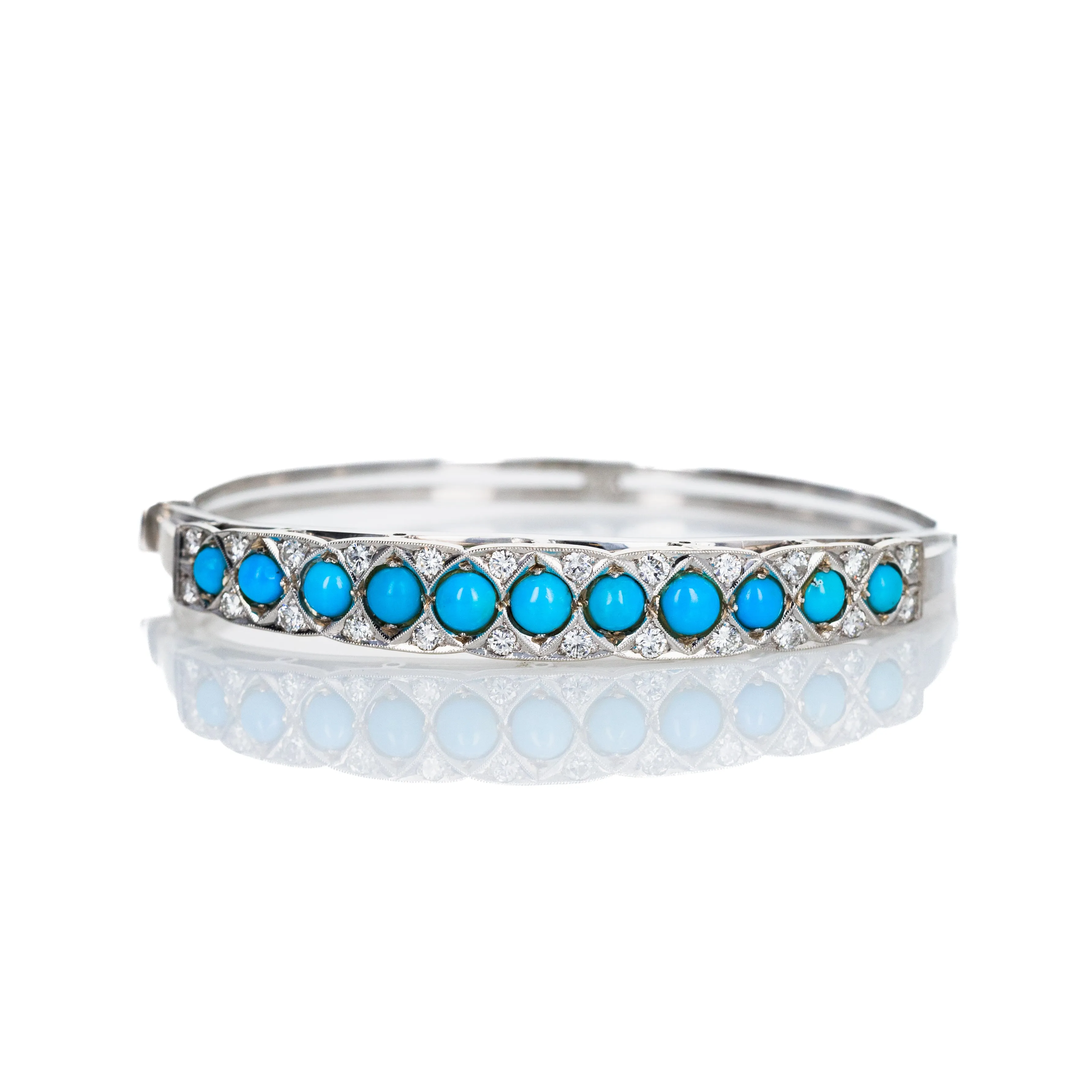 14K White Gold Cabochon Turquoise Diamond Bangle