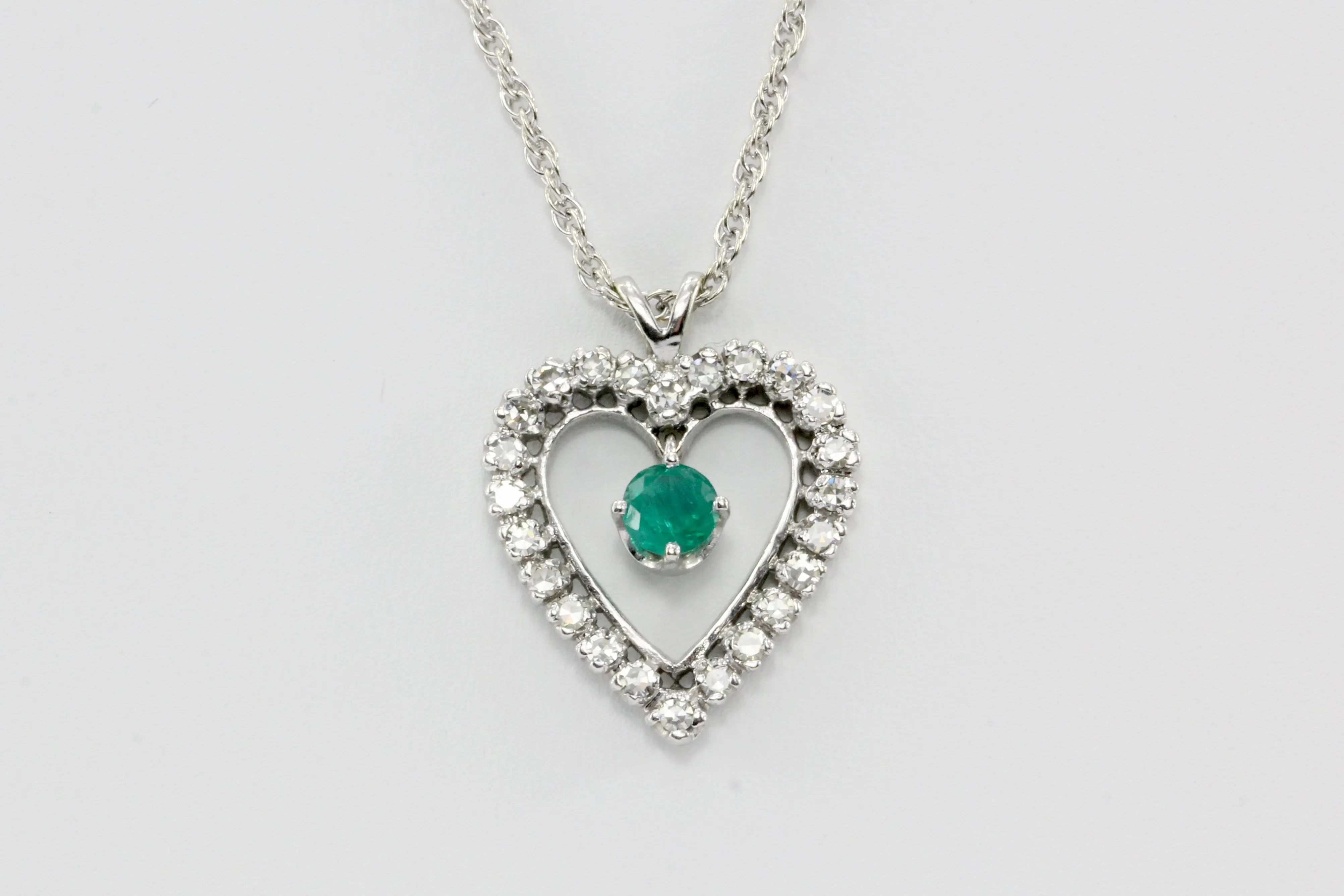14K White Gold Emerald and Diamond Heart Necklace