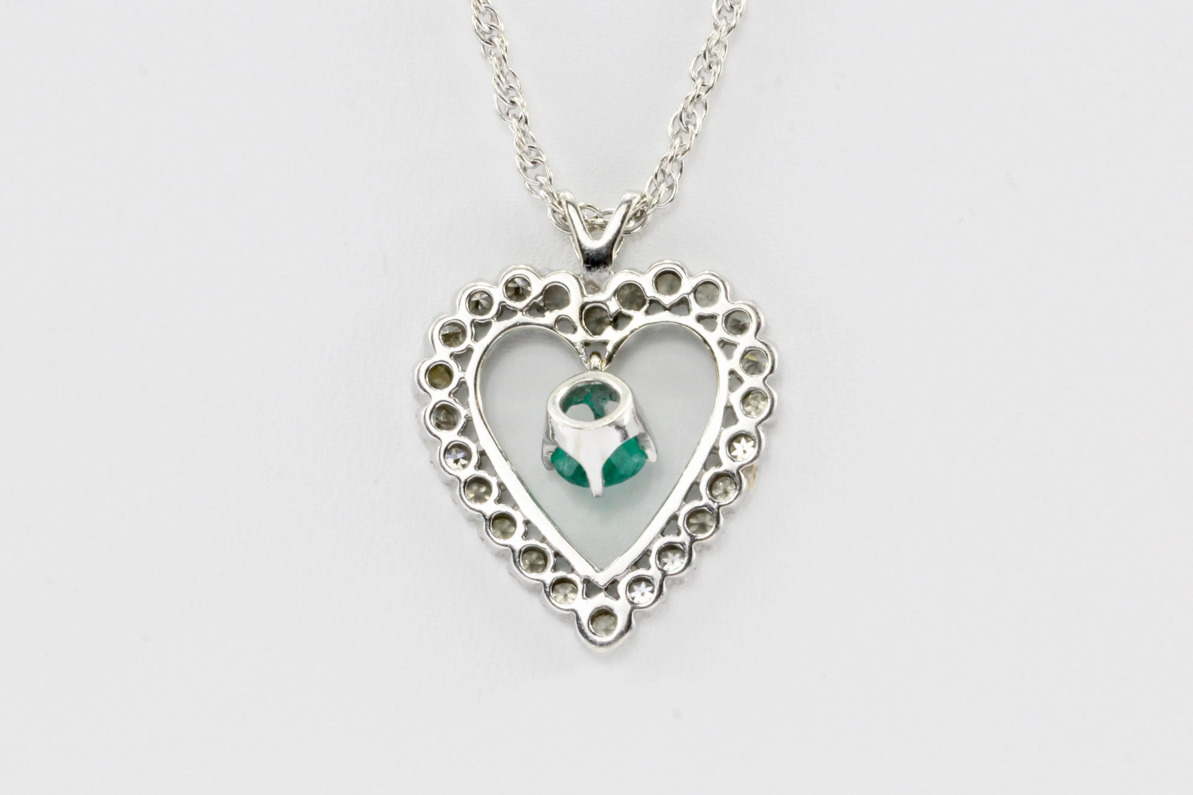 14K White Gold Emerald and Diamond Heart Necklace