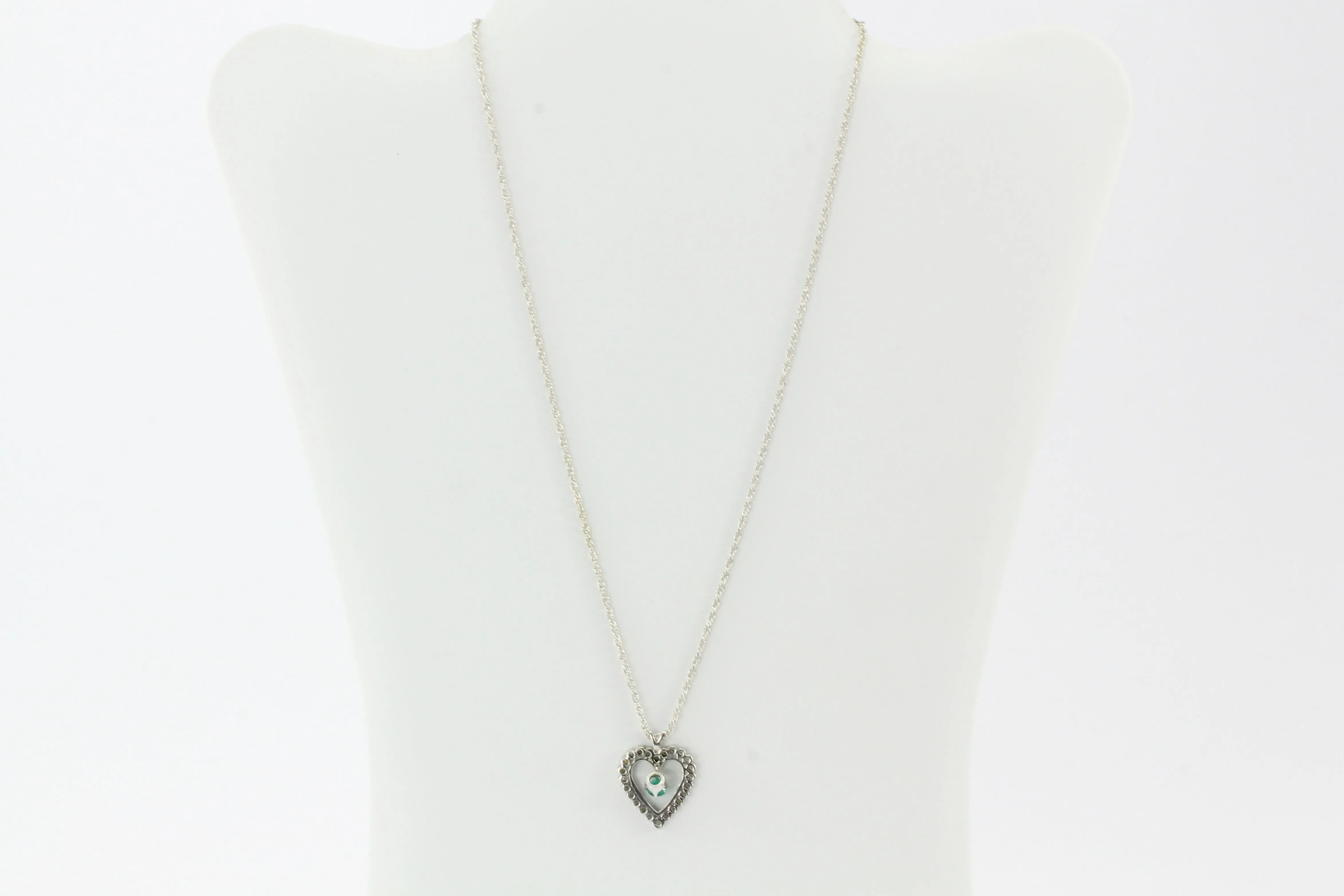 14K White Gold Emerald and Diamond Heart Necklace