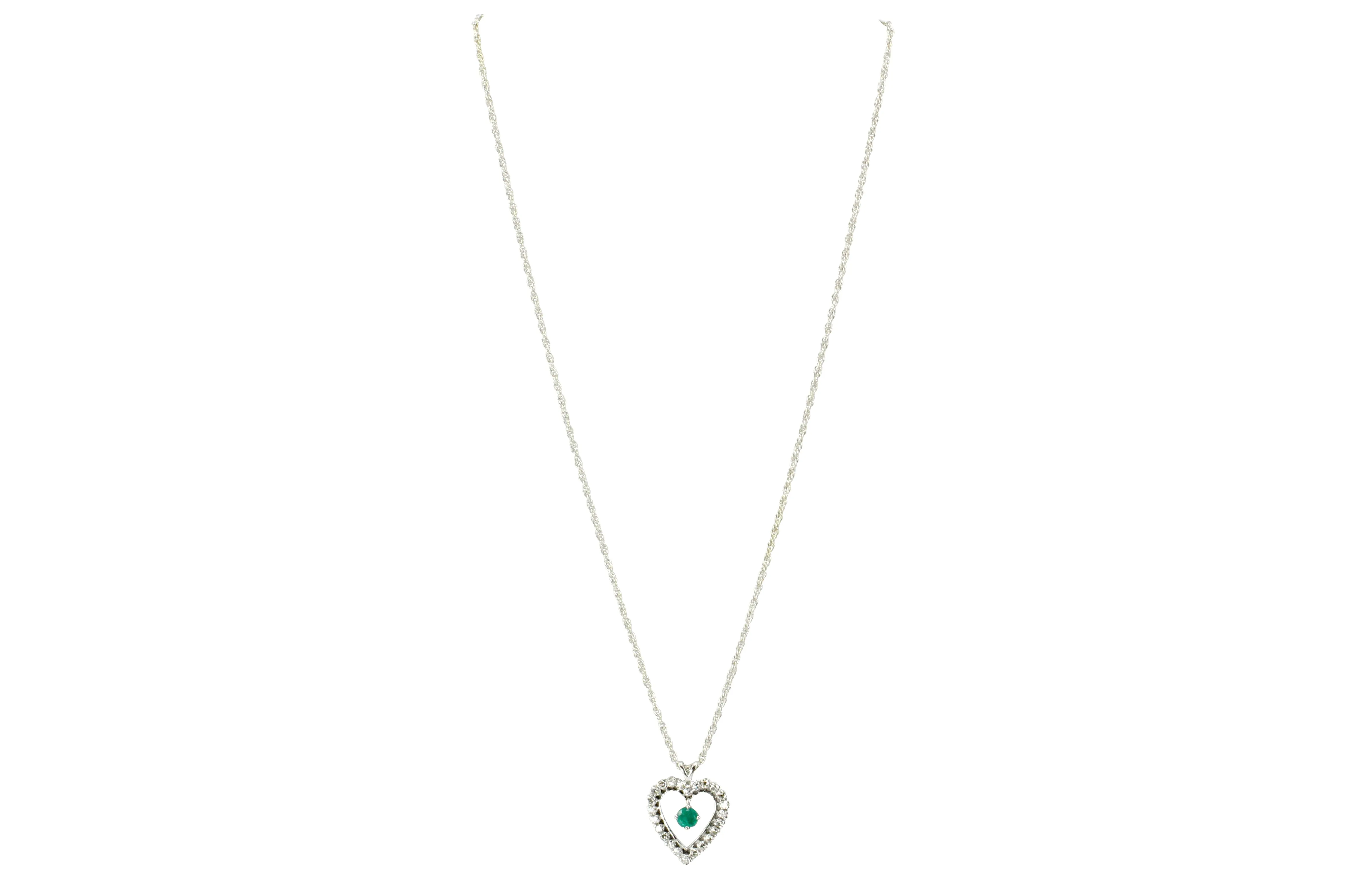 14K White Gold Emerald and Diamond Heart Necklace