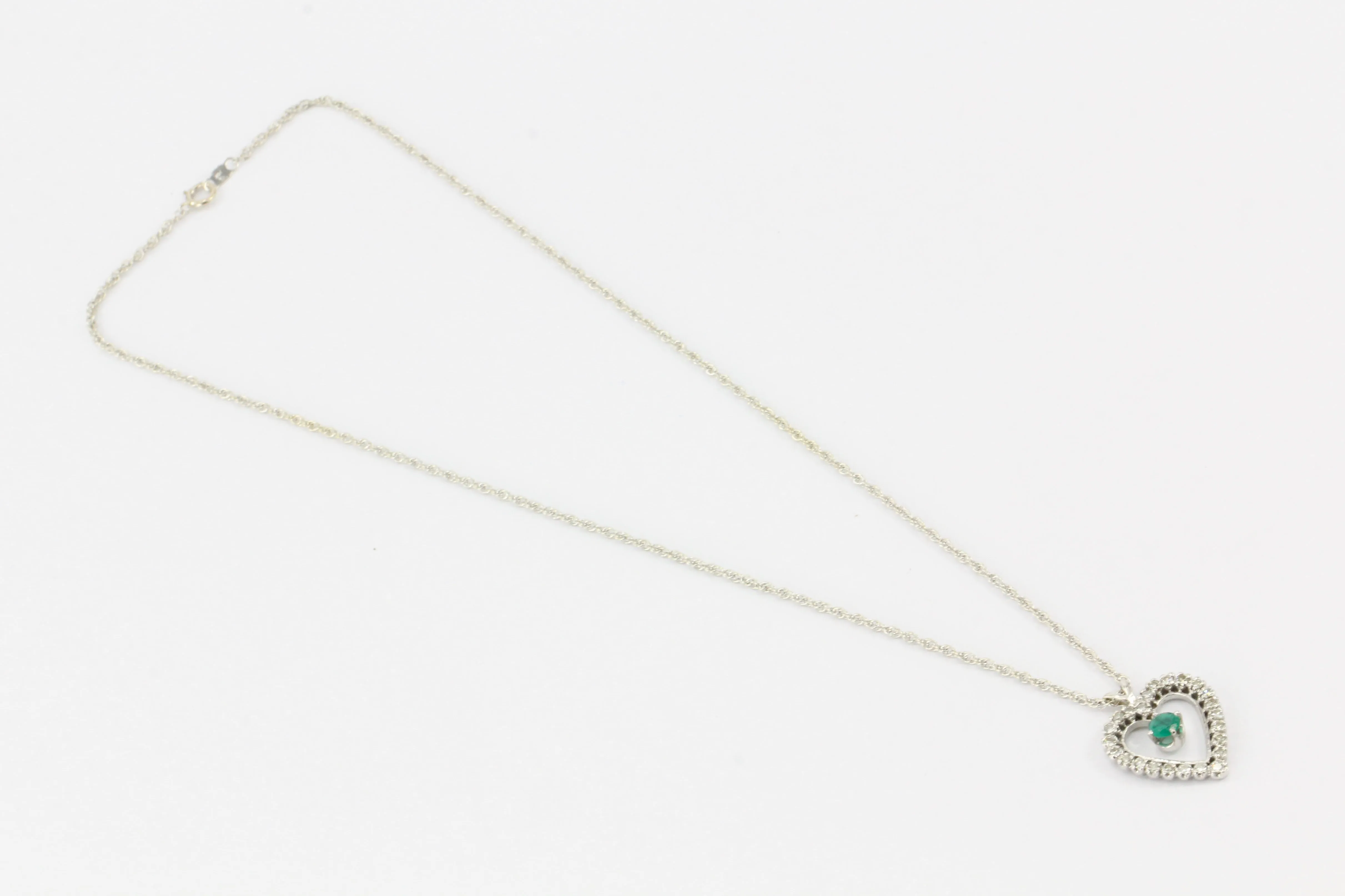 14K White Gold Emerald and Diamond Heart Necklace