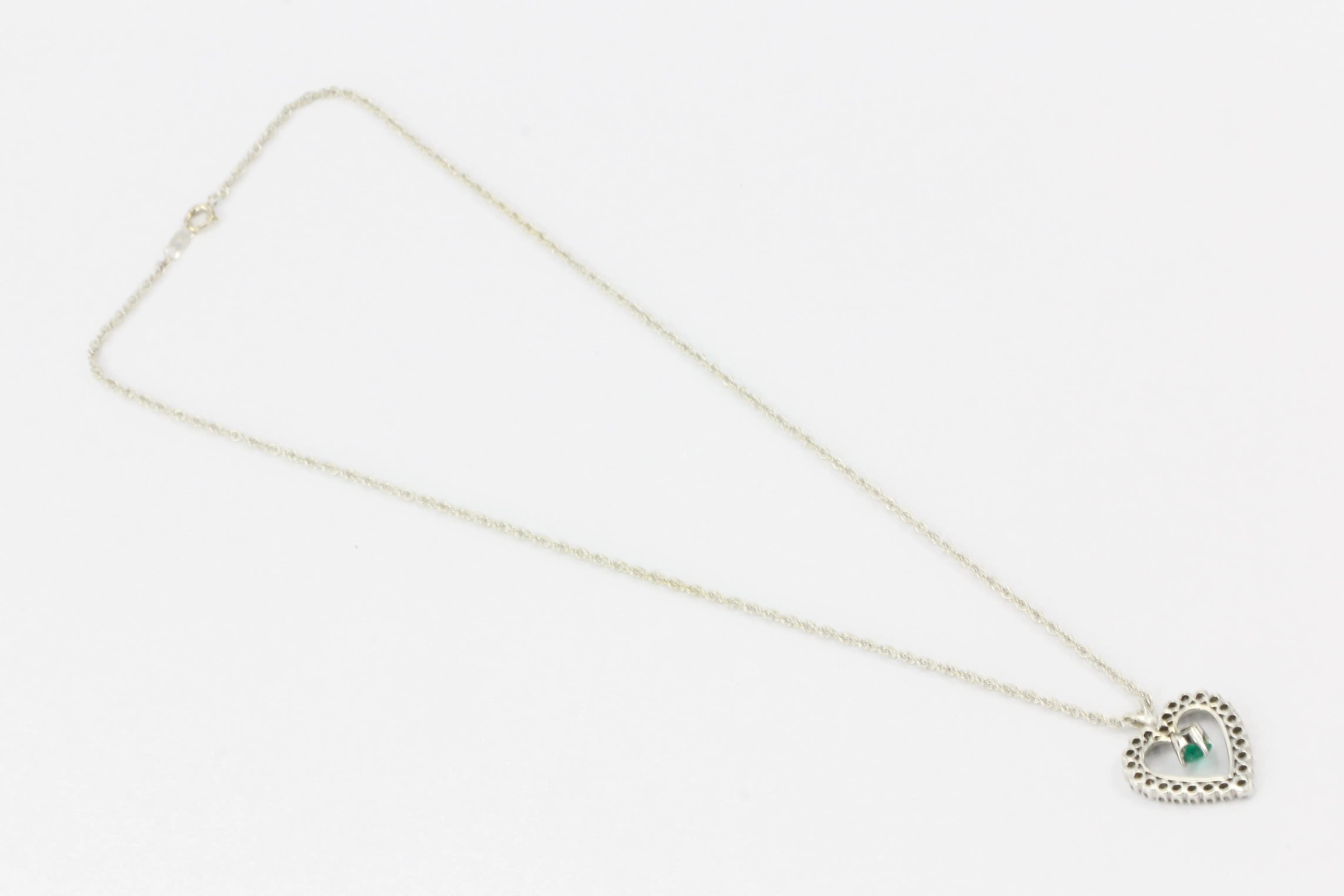 14K White Gold Emerald and Diamond Heart Necklace