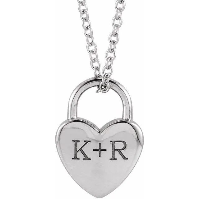 14K White Gold Engravable Heart Lock 16-18" Necklace