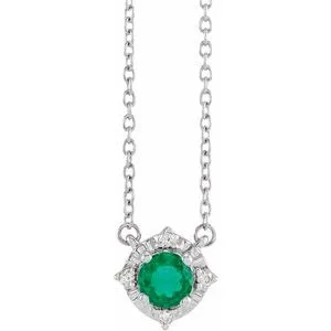 14K White Lab-Grown Emerald & .04 CTW Natural Diamond Halo-Style 18" Necklace