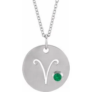 14K White Natural Emerald Aries Zodiac 16-18" Necklace