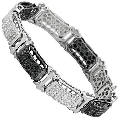 14K White Solid Gold Mens Diamond Bracelet with Black Diamonds 14.00 Ctw