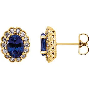 14K Yellow Chatham® Created Blue Sapphire & 1/3 CTW Diamond Earrings
