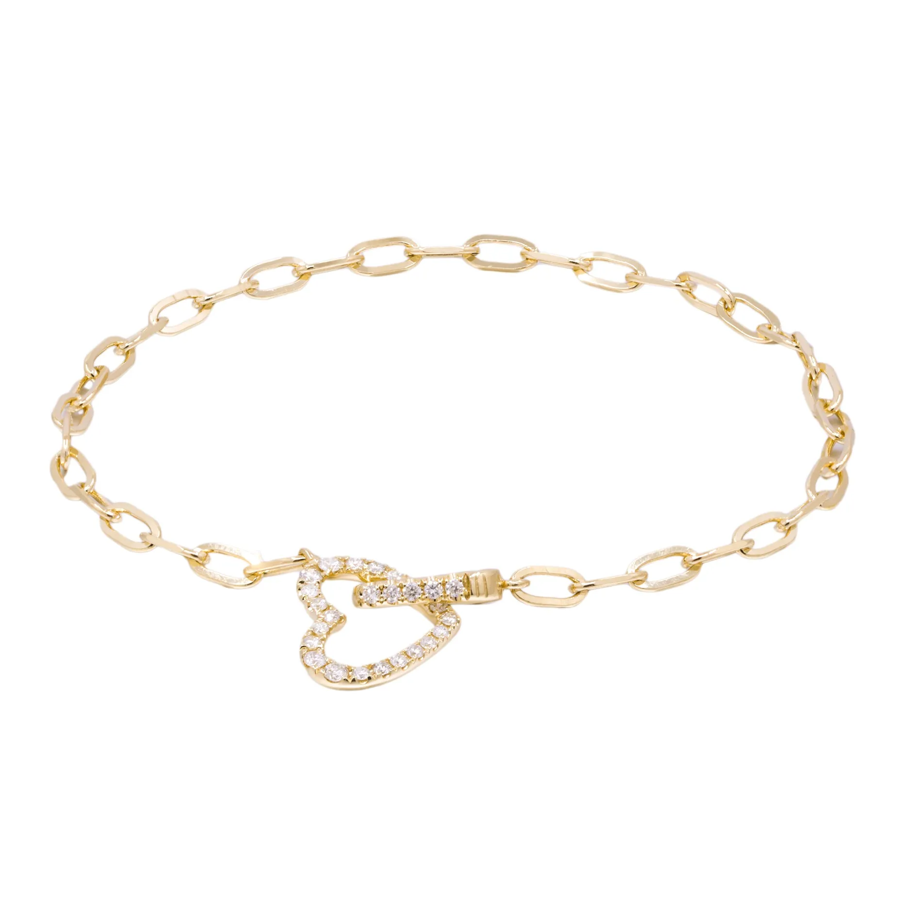 14k Yellow Gold Paperclip and Diamond Heart Bracelet