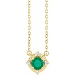 14K Yellow Lab-Grown Emerald & .04 CTW Natural Diamond Halo-Style 18" Necklace