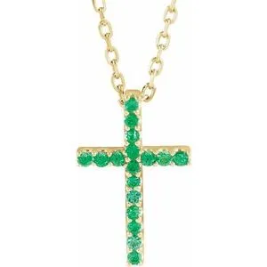 14K Yellow Natural Emerald Petite Cross 16" Necklace