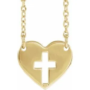 14K Yellow Pierced Cross Heart 16-18" Necklace