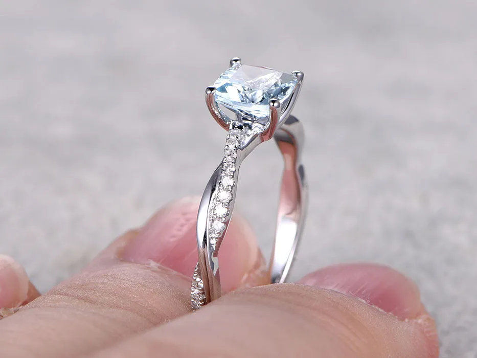 14k/18k White Gold Aquamarine Engagement Rings With Diamonds 6mm Cushion Twisted Infinity Promise Band