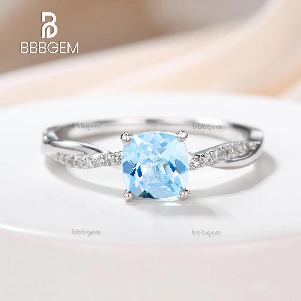 14k/18k White Gold Aquamarine Engagement Rings With Diamonds 6mm Cushion Twisted Infinity Promise Band