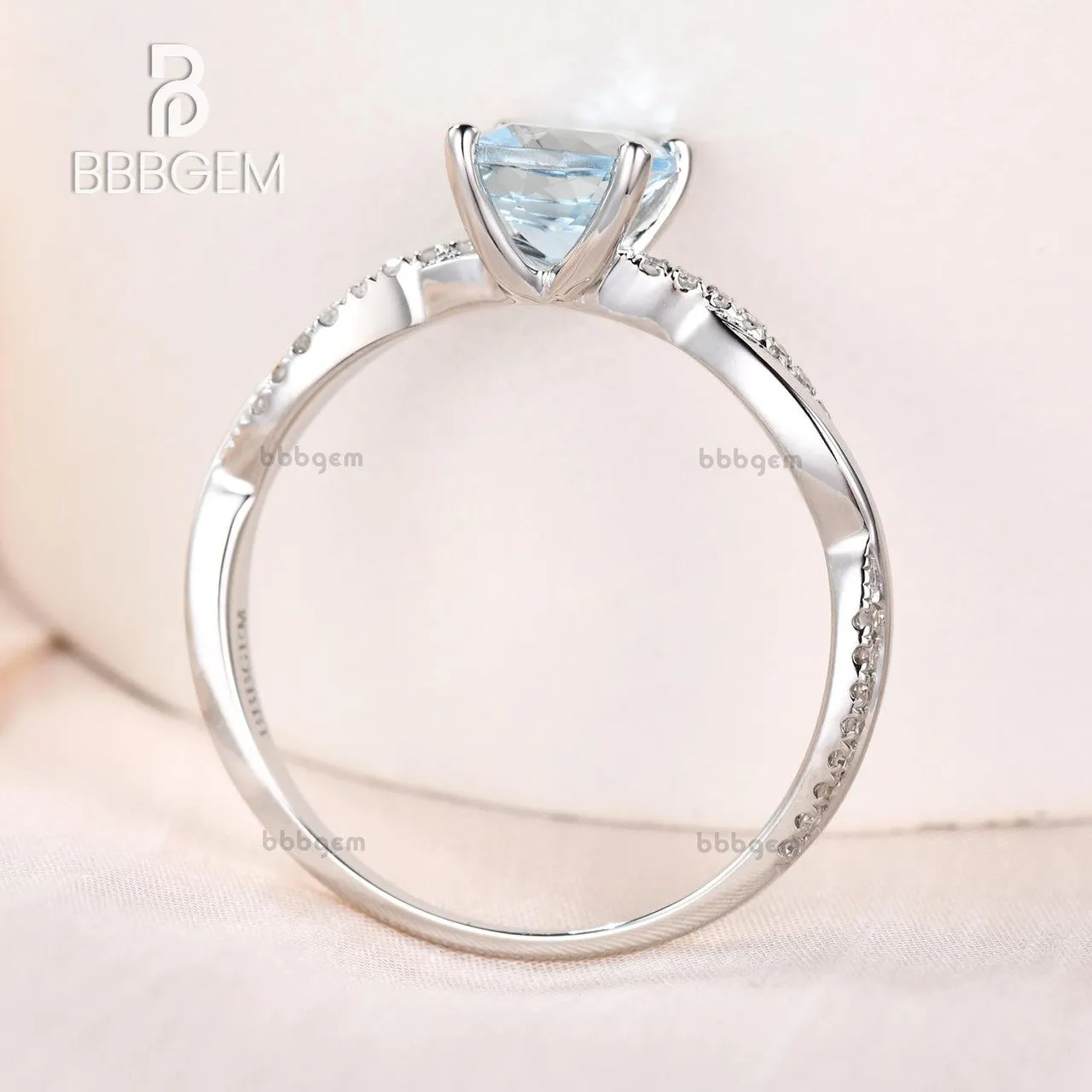 14k/18k White Gold Aquamarine Engagement Rings With Diamonds 6mm Cushion Twisted Infinity Promise Band