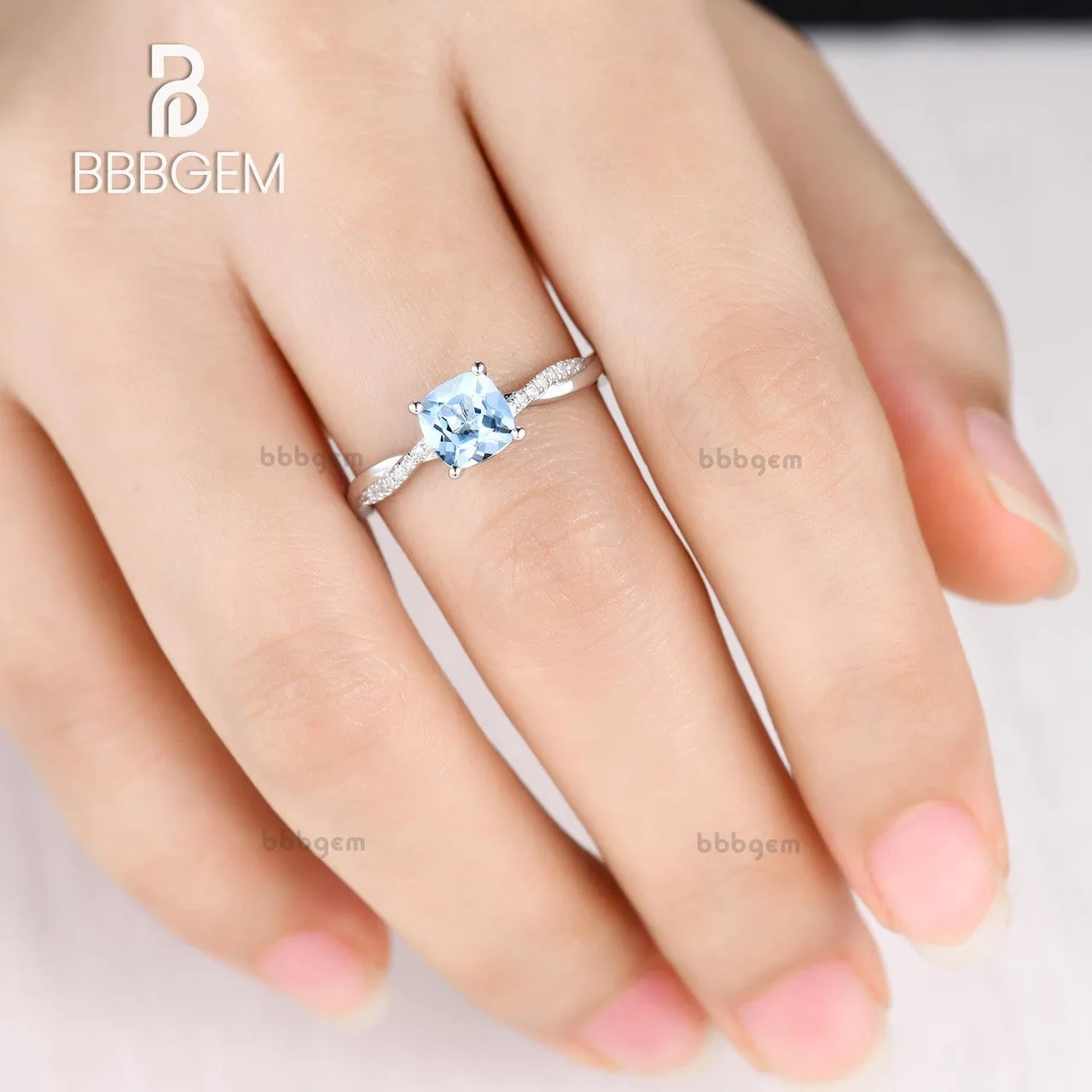 14k/18k White Gold Aquamarine Engagement Rings With Diamonds 6mm Cushion Twisted Infinity Promise Band