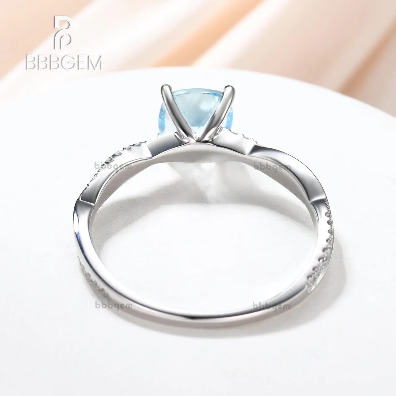14k/18k White Gold Aquamarine Engagement Rings With Diamonds 6mm Cushion Twisted Infinity Promise Band