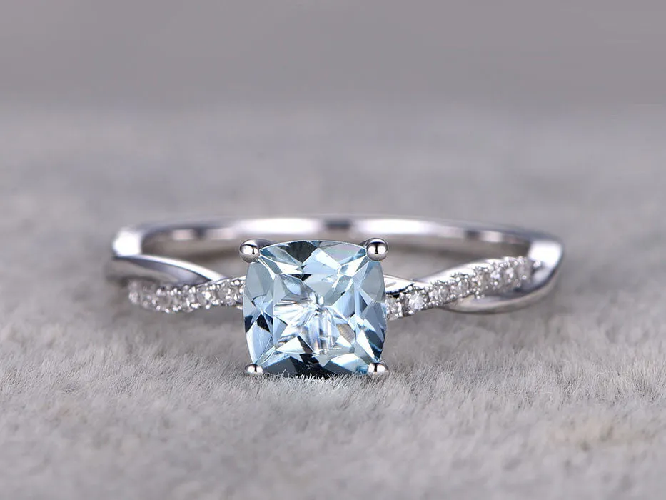 14k/18k White Gold Aquamarine Engagement Rings With Diamonds 6mm Cushion Twisted Infinity Promise Band