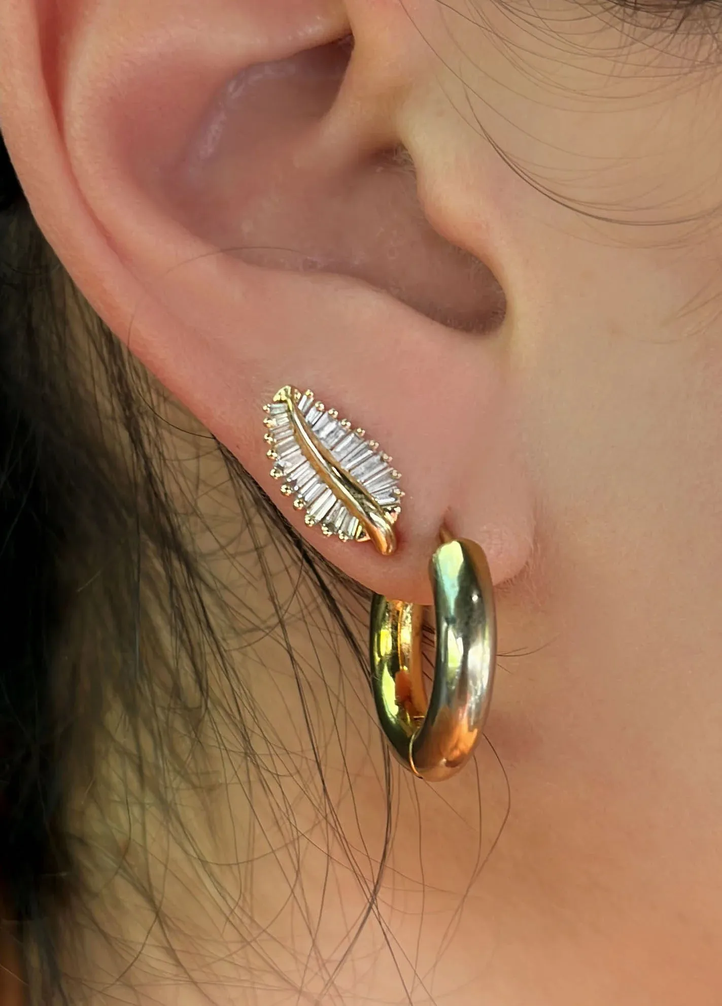 14kt gold large baguette diamond leaf studs