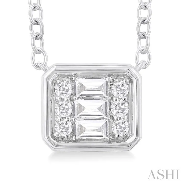 1/6 ctw Petite Bezel Set East-West Emerald Shape Fusion Baguette and Round Cut Diamond Fashion Pendant With Chain in 10K White Gold