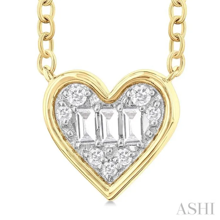 1/6 ctw Petite Bezel Set Heart Shape Fusion Baguette and Round Cut Diamond Fashion Pendant With Chain in 10K Yellow Gold