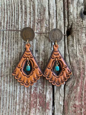 16766 Indian Penny Stud Diamond Cutout Scallop Tipi w/Turq Earrings