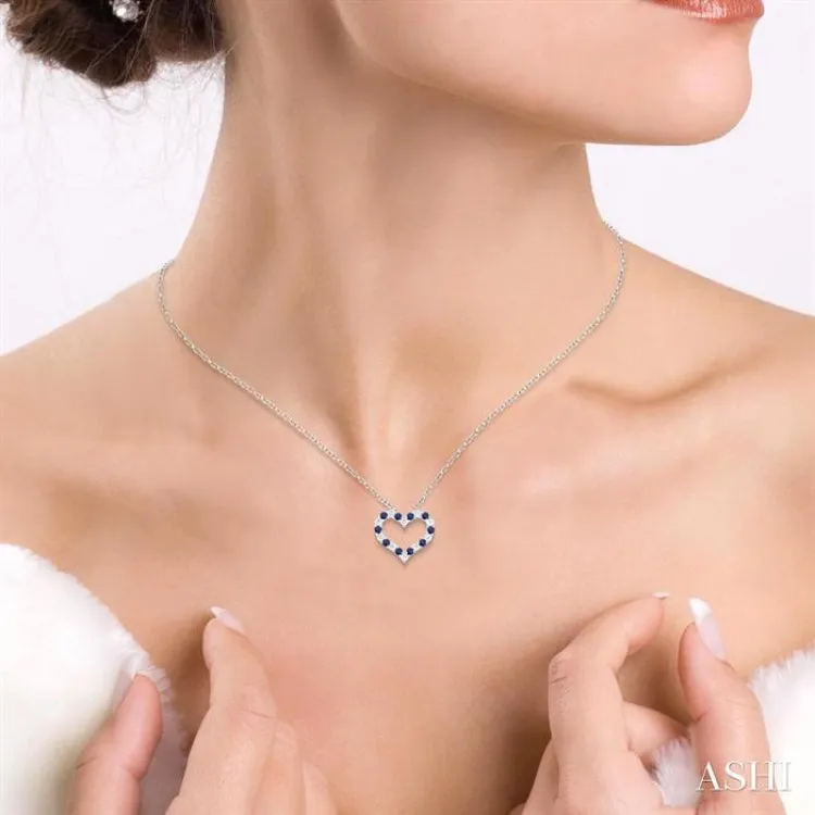 1.80 MM Round Cut Sapphire and 1/4 ctw Open Heart Round Cut Diamond Precious Fashion Pendant With Chain in 14K White Gold