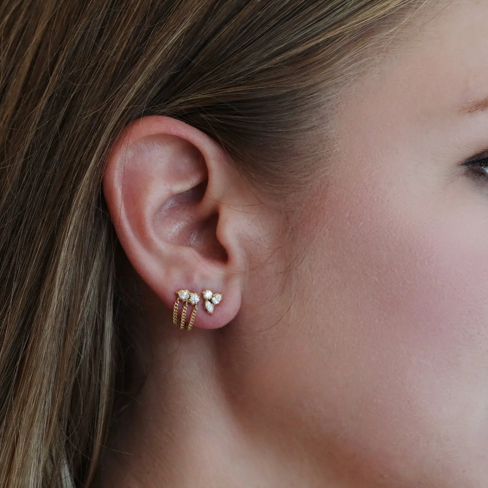 18K Gold "Posey" Three Diamond Cluster Stud Earrings