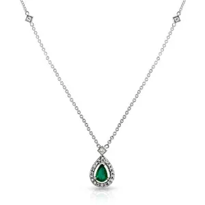 18K White Gold 0.49 Ct. Emerald and 0.28 Ct. Diamond Accent Teardrop Pendant Necklace