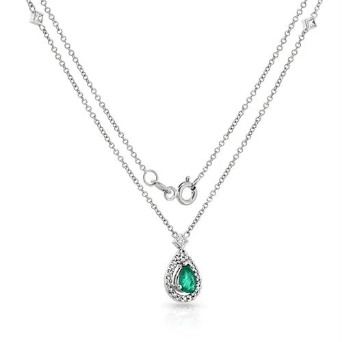 18K White Gold 0.49 Ct. Emerald and 0.28 Ct. Diamond Accent Teardrop Pendant Necklace
