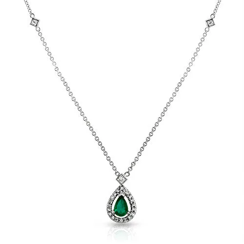 18K White Gold 0.49 Ct. Emerald and 0.28 Ct. Diamond Accent Teardrop Pendant Necklace