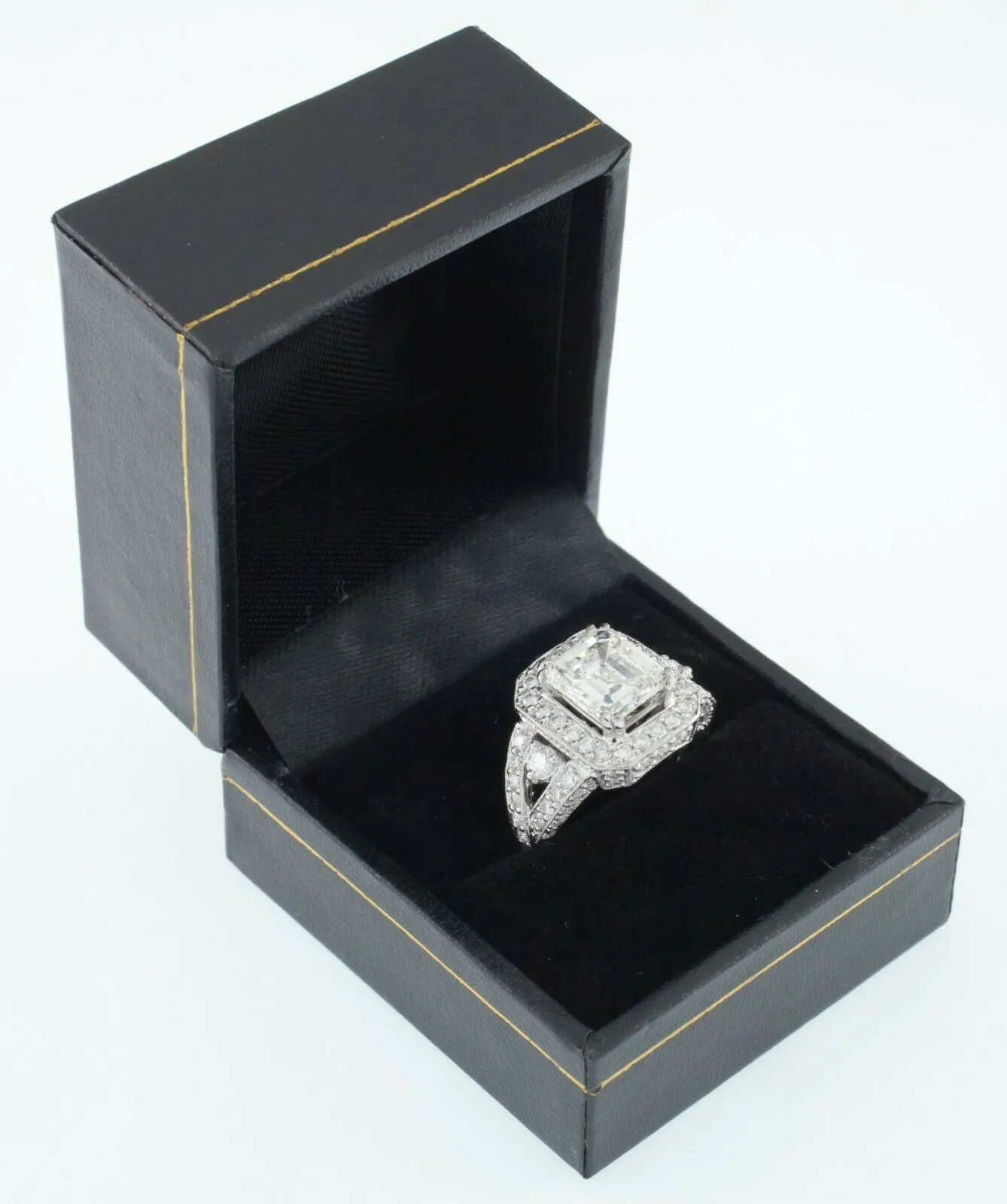 18k White Gold Emerald Cut Diamond Solitaire Ring w/ Accent Stones TDW = 4.5 ct