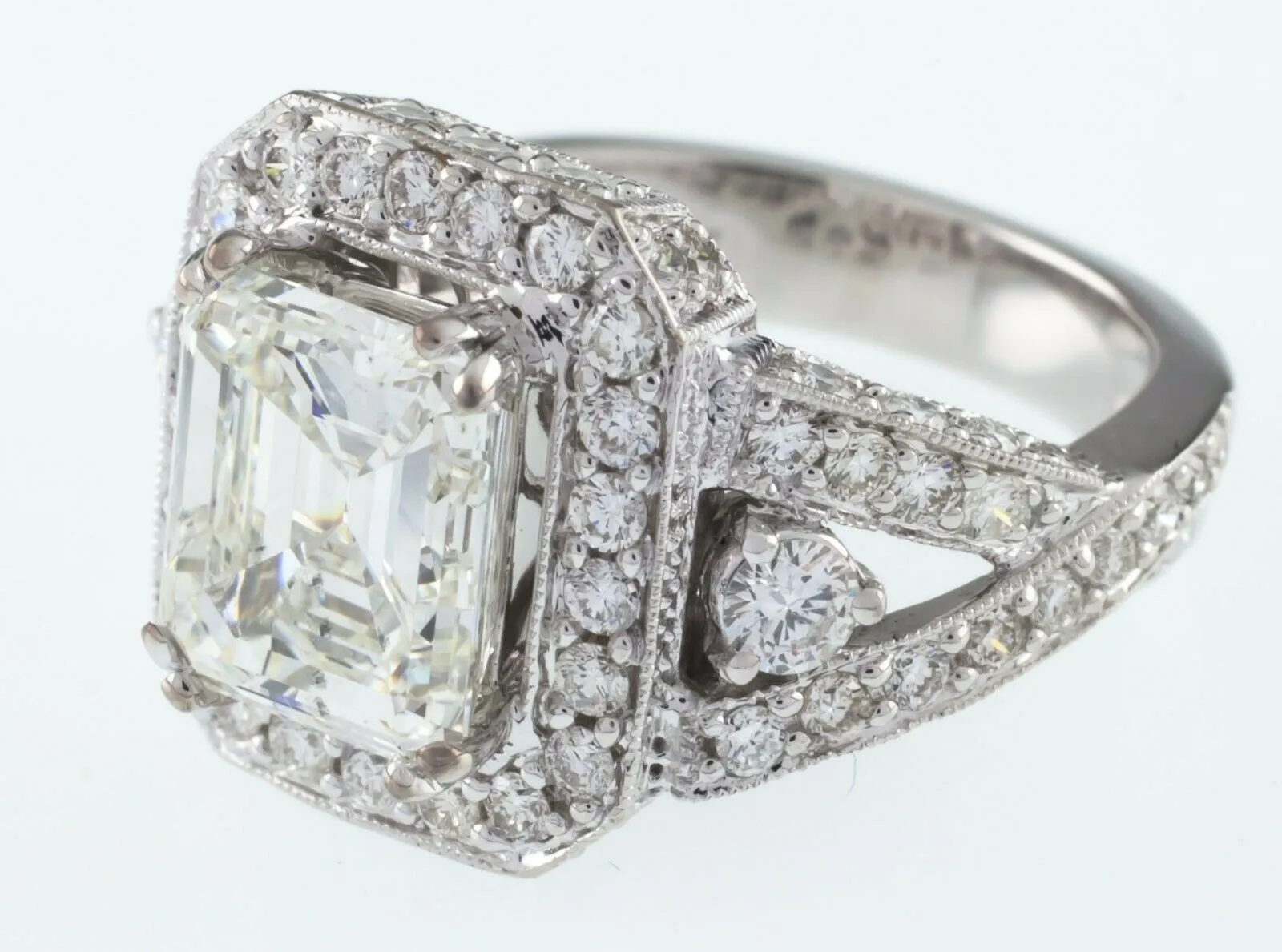 18k White Gold Emerald Cut Diamond Solitaire Ring w/ Accent Stones TDW = 4.5 ct