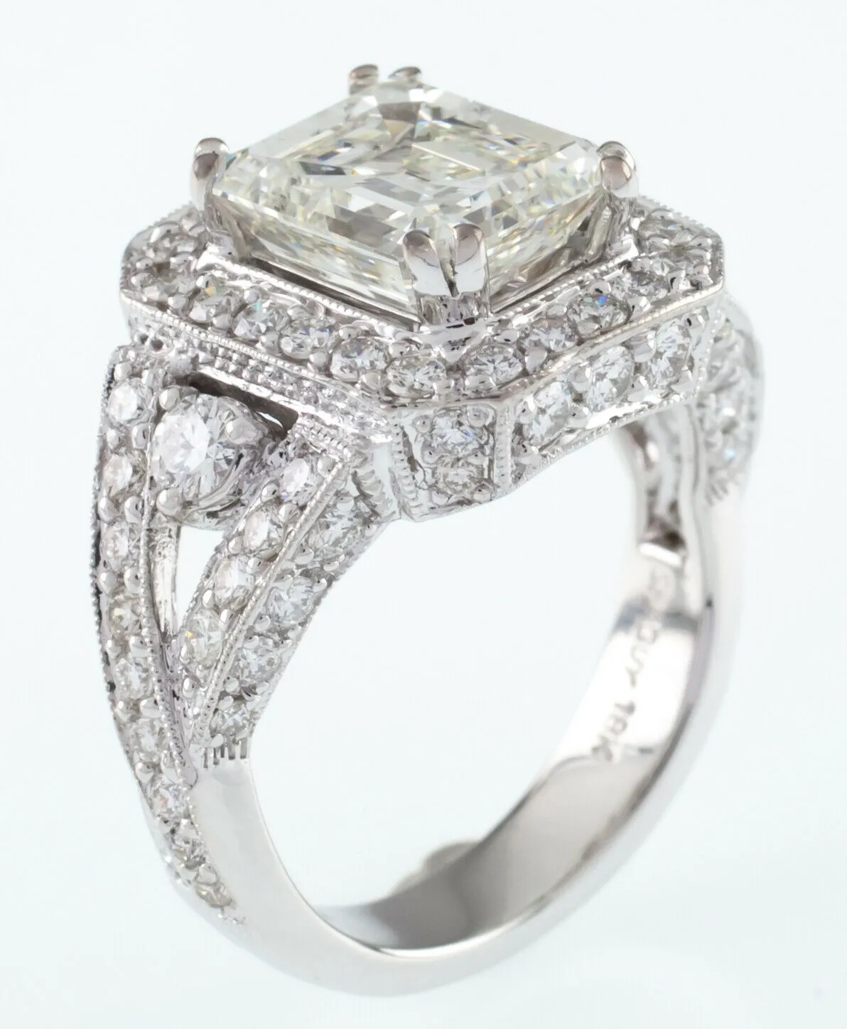 18k White Gold Emerald Cut Diamond Solitaire Ring w/ Accent Stones TDW = 4.5 ct