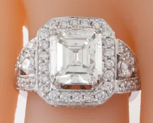 18k White Gold Emerald Cut Diamond Solitaire Ring w/ Accent Stones TDW = 4.5 ct