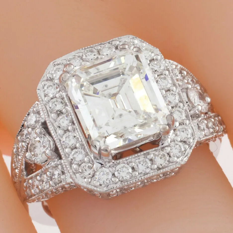 18k White Gold Emerald Cut Diamond Solitaire Ring w/ Accent Stones TDW = 4.5 ct