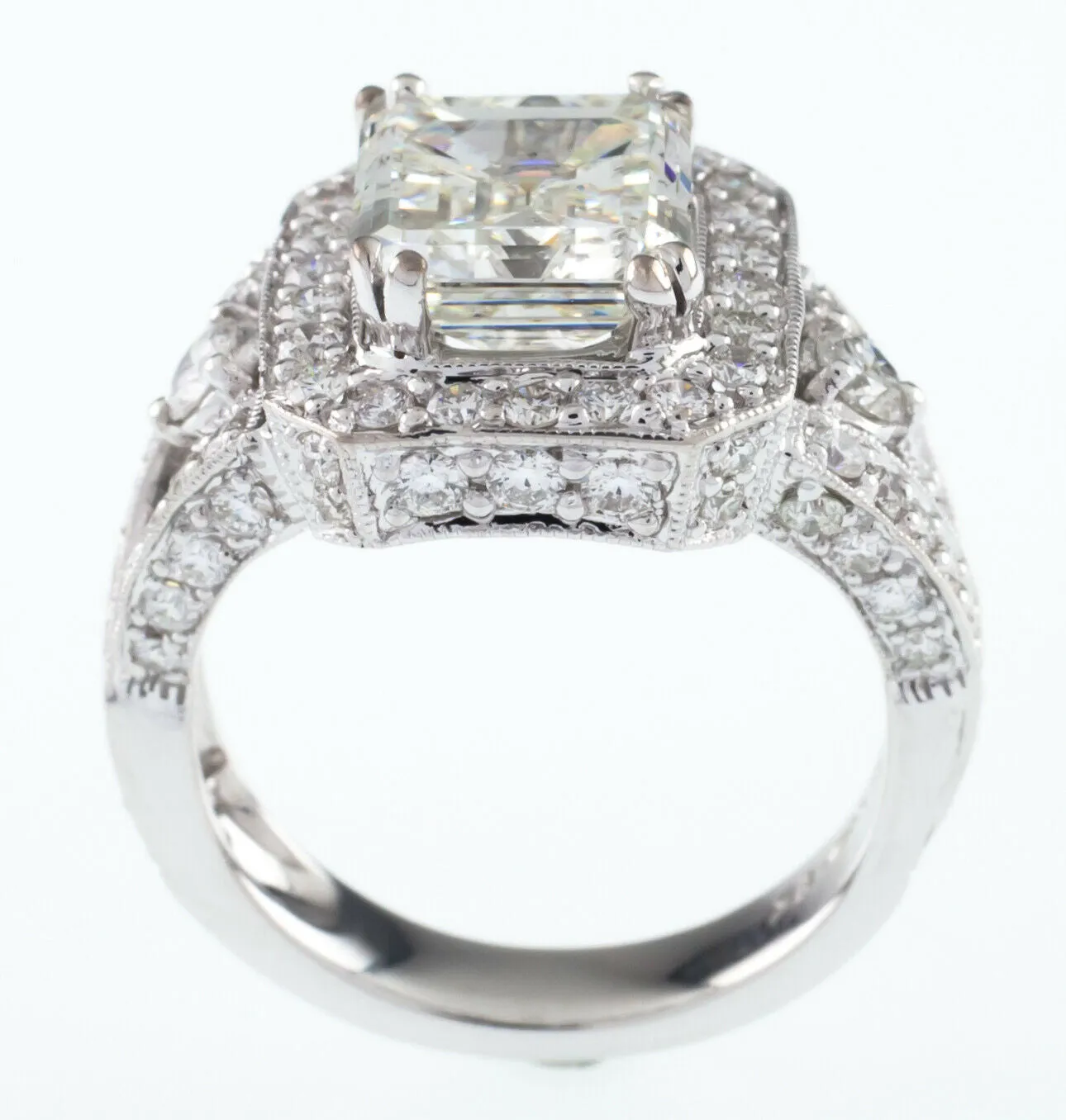 18k White Gold Emerald Cut Diamond Solitaire Ring w/ Accent Stones TDW = 4.5 ct