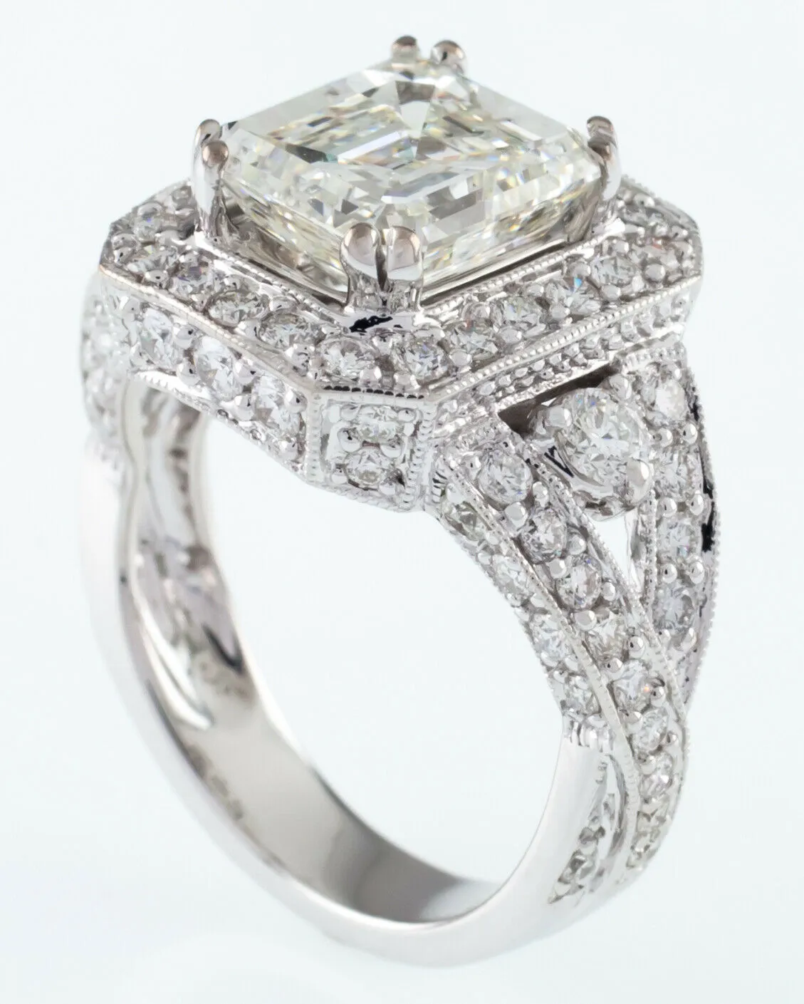 18k White Gold Emerald Cut Diamond Solitaire Ring w/ Accent Stones TDW = 4.5 ct