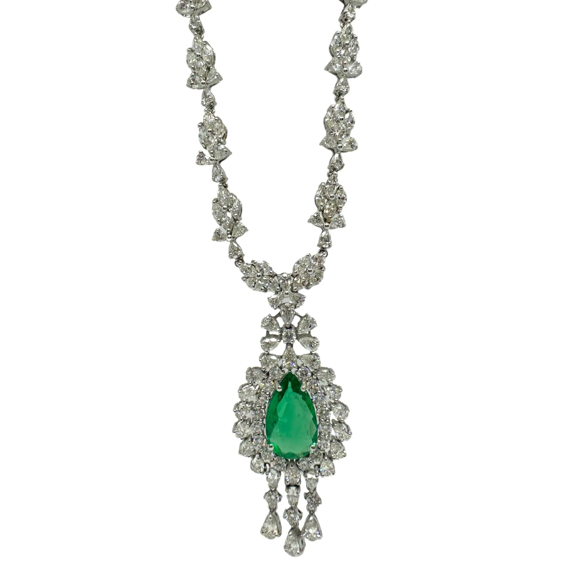 18K White Gold Marquise and Pearl Cut Diamond and Pear Cut Emerald Drop Necklace