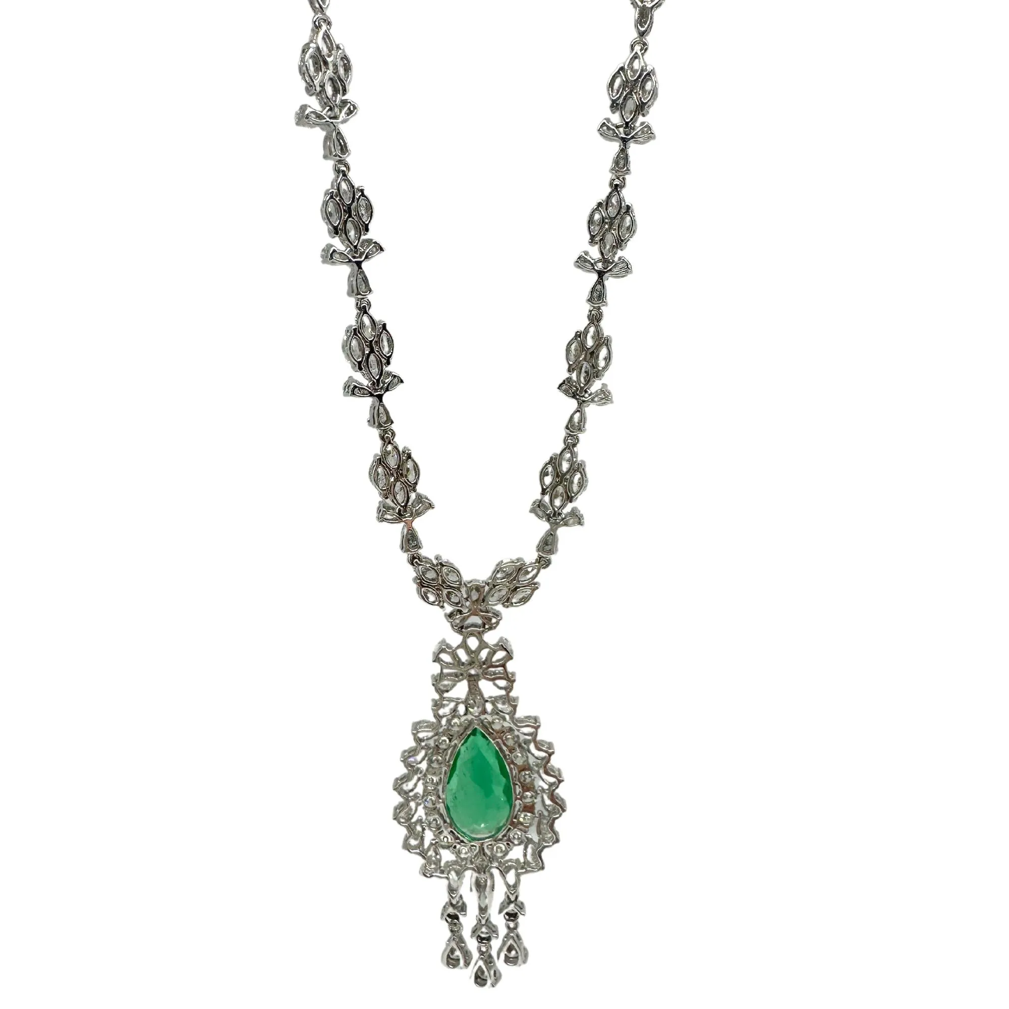 18K White Gold Marquise and Pearl Cut Diamond and Pear Cut Emerald Drop Necklace
