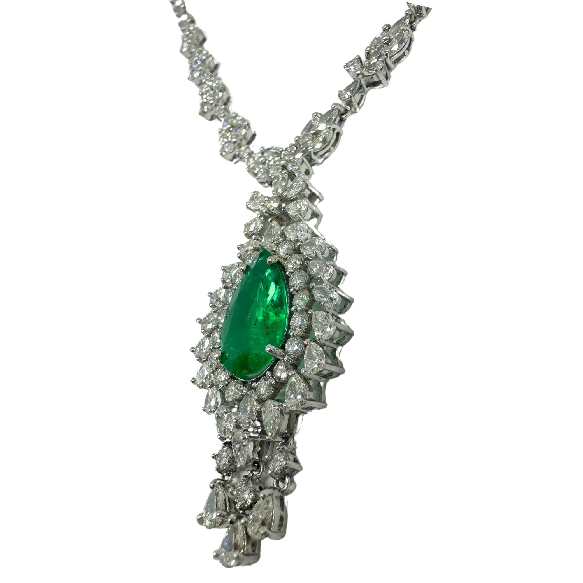 18K White Gold Marquise and Pearl Cut Diamond and Pear Cut Emerald Drop Necklace